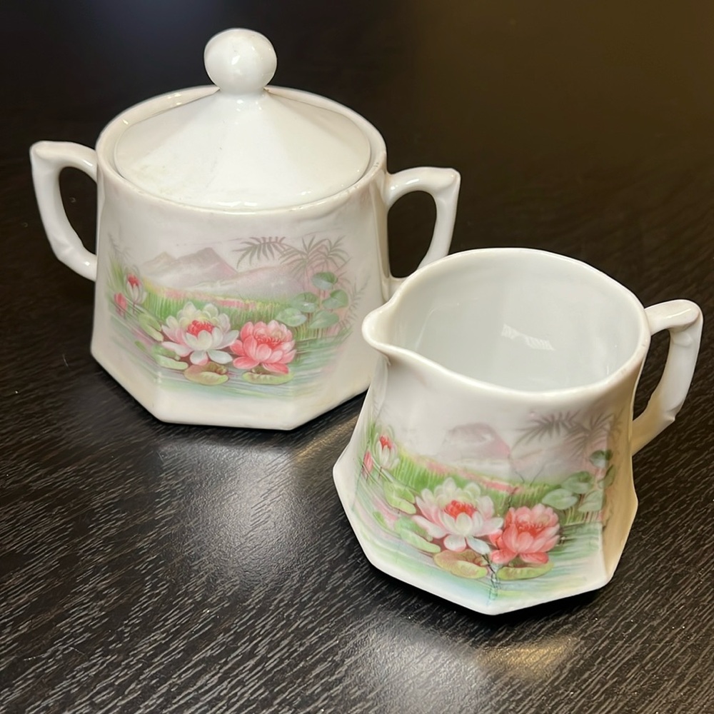 Antique Germany Stamped Porcelain Waterlily Lotus Cream Creamer & Sugar Jar Set